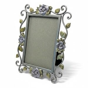 Vintage Connoisseur Pewter Silver Enamel Purple Rose Floral Picture Frame 4x6